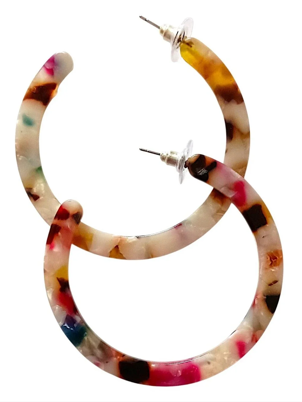 Vtg Colorful Hoop Earrings Acrylic Pierced LARGE Marbled Confetti Lightweight